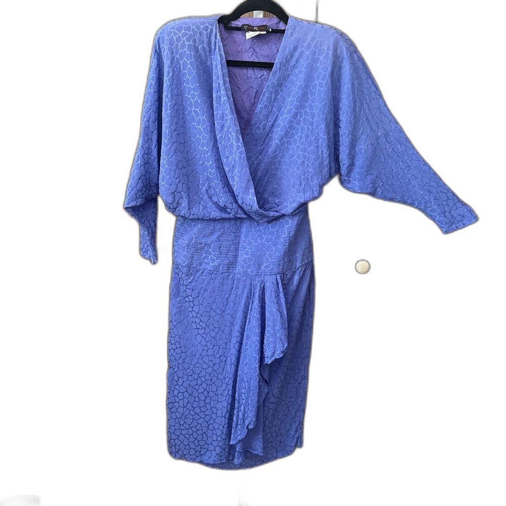 Vintage 80s 100% Silk Dress Blue Shoulder Pads Blouson Upper Sz 6 Saint Romei